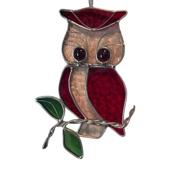 Vintage Owl Stained Glass Sun Catchers Red Silver Green 8"x5" Home Decor - Picture 2 of 8